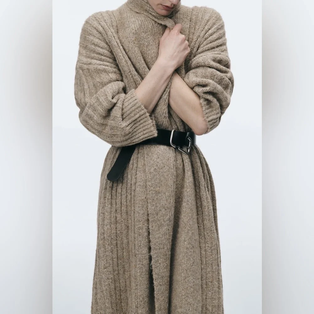 Zara Beige Rib Knit Coat - Picture 10 of 12